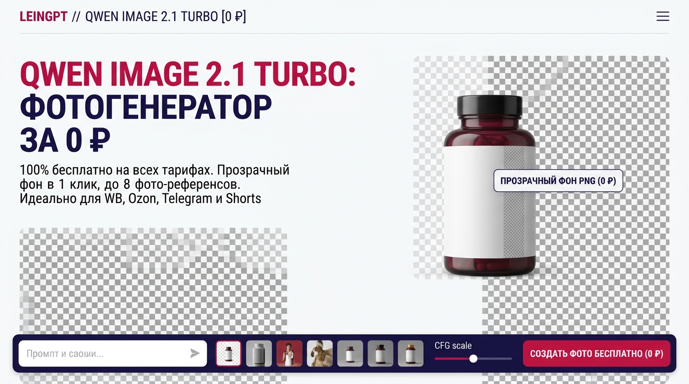 Qwen Image 2.1 Turbo interface on LeinGPT - free photo and transparent PNG generation for 0 ₽