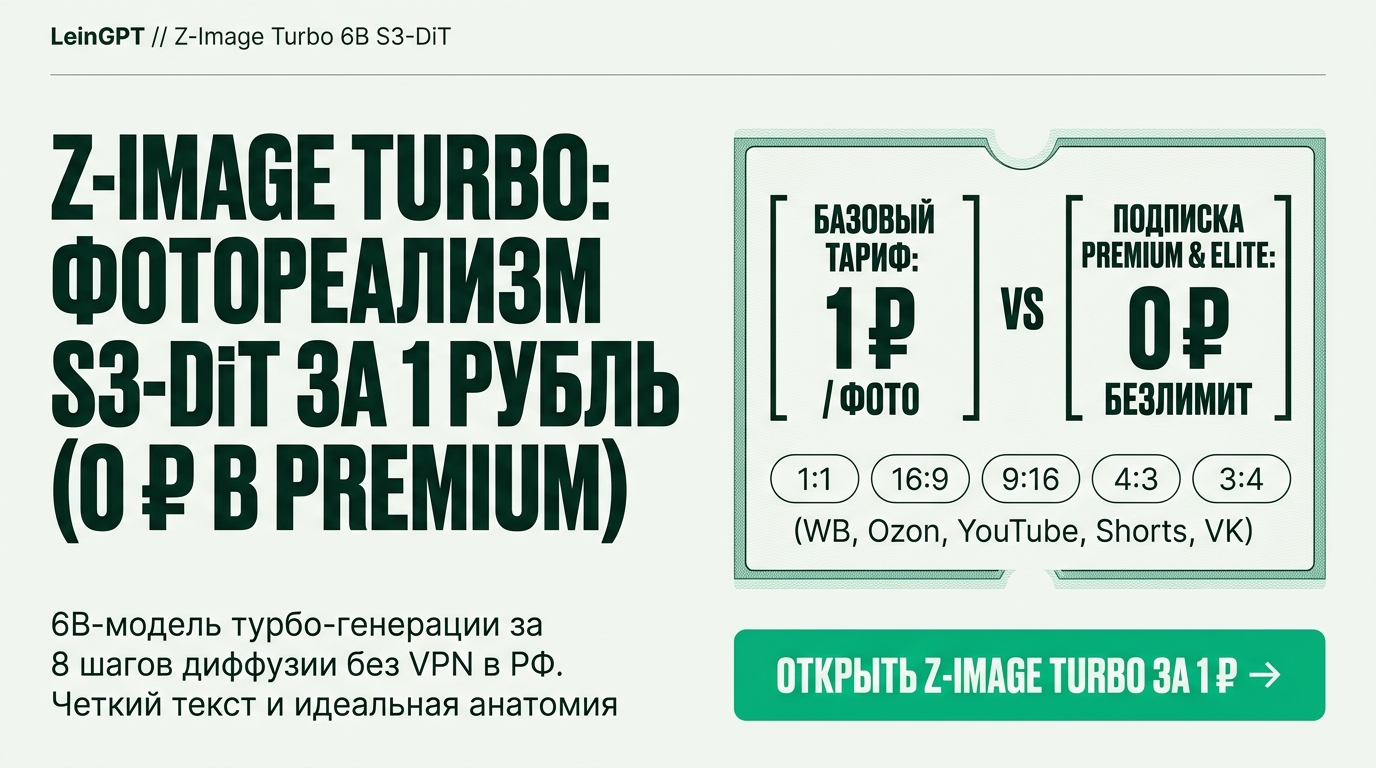 Z-Image Turbo pricing ticket on LeinGPT - photo generation for 1 ₽ and 0 ₽ unlimited in Premium